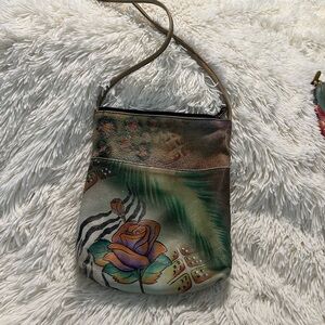 Anuschka Hand-Painted Leather Crossbody in Green, Brown and Purple